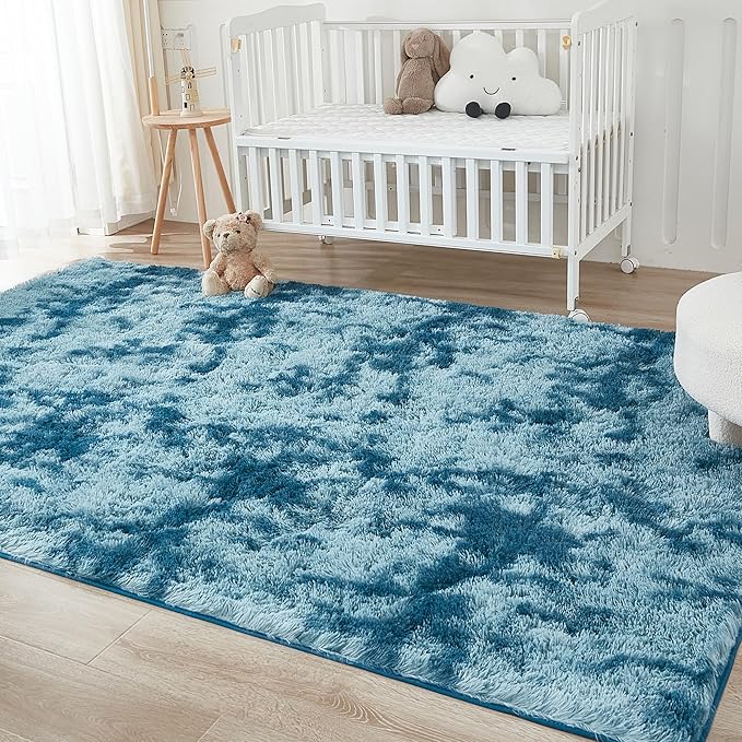 Andency 6x9 Area Rugs, Large Shag Fluffy Soft Shaggy Rugs for Living Room Bedroom, Non-Slip Tie-Dyed Navy Blue Thick Plush Carpet for Kids Girls and Boys, Dorm Nursery Home Decor Aesthetic