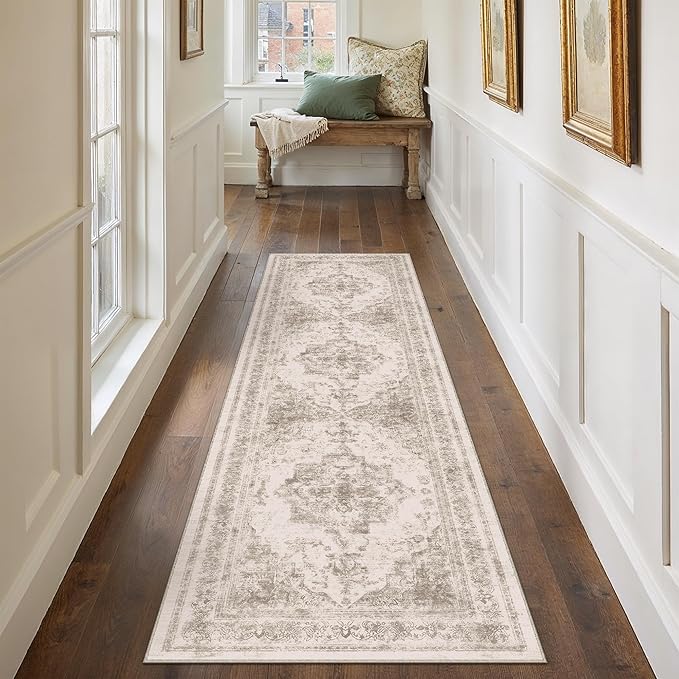 Runner Rug 2x8 Beige Hallway Washable Carpet Non Slip Vintage Medallion Carpet Low Pile Soft Distressed Retro Indoor Long Rug for Entryway Kitchen Bathroom Laundry Bedroom