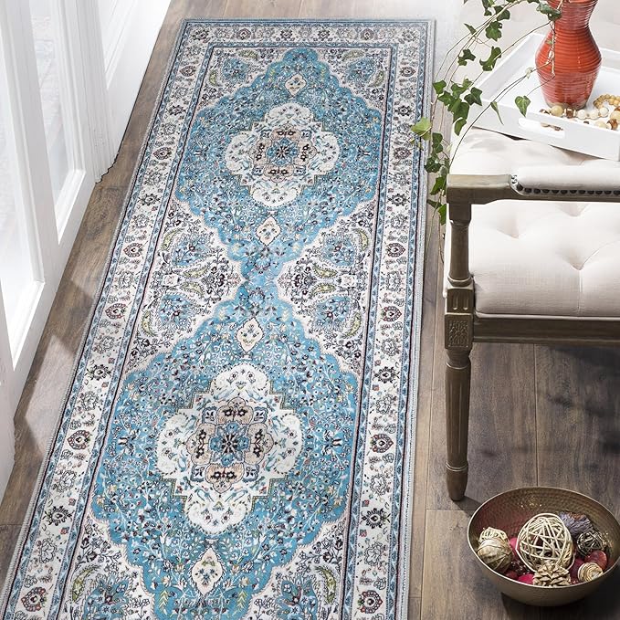 COMSLE Boho Runner Rug, 2x6 Washable Rugs for Hallway Faux Wool Small Throw Rug Distressed Kitchen Area Rug Non-Slip Laundry Room Rug Carpet Runner for Entryway Indoor Bedroom (Light Blue)