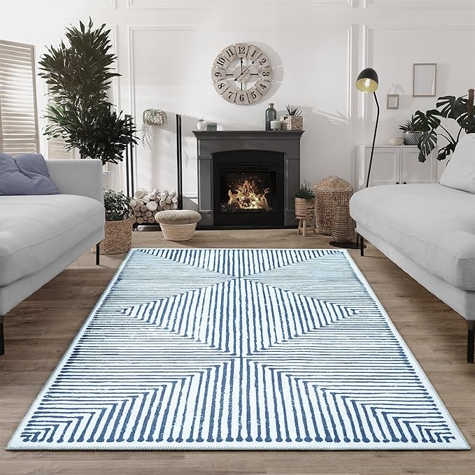 Bloom Rugs Washable Non-Slip 10x14 Rug - Blue/Ivory Striped Area Rug for Living Room, Bedroom, Dining Room, and Kitchen - Exact Size: 10' x 14'