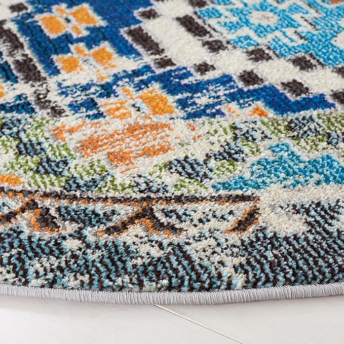 SAFAVIEH Madison Collection 6'7" Round Navy/Beige MAD418M Boho Diamond Distressed Non-Shedding Entryway Foyer Living Room Bedroom Kitchen Area Rug
