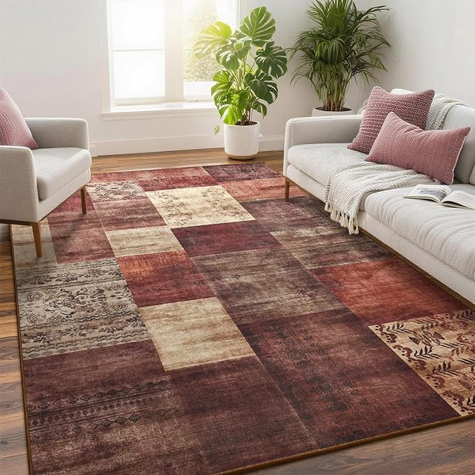 Tepook Modern Area Rug for Living Room, 4x6 Geometric Large Rugs for Bedroom, Washable Patchwork Rug Indoor Non-Slip Throw Carpets for Dining Room Office Farmhouse Home Decor, Red