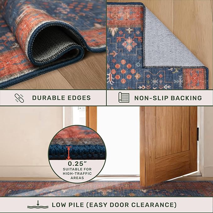 Navy Blue Large Area Rugs 8x12 Living Room, Geometric Floral Rugs for Dining Room Under Table - Washable Low Pile & Soft Carpet for Bedroom - Vintage Boho Stain Resistance Indoor Décor