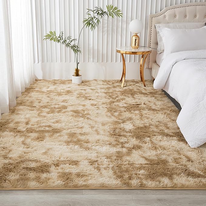Andency Soft Area Rugs for Living Room Bedroom, 5x8 Fluffy Shaggy Bedside Rug, Non-Slip Large Shag Fuzzy Plush Carpets for Bedroom Kids Dorm Nursery Home Decor Aesthetic, Tie-Dyed Khaki