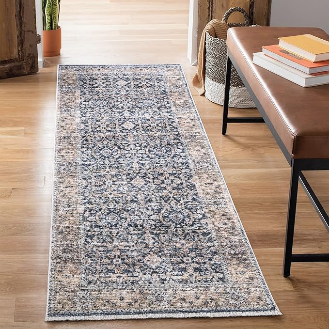 Bloom Rugs Caria Washable Non-Slip 7 ft Runner - Dark Blue/Tan Traditional Runner for Entryway, Hallway, Bathroom, and Kitchen - Exact Size: 2'6" x 7'