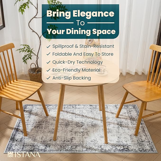 Istana Rugs 3x5 - White Cream/Grey Area Rugs - Kid & Pet Friendly Washable Rugs 3x5-3x5 Area Rugs - Foldable 3 x 5 Area Rug Washable Non Slip - Eco-Friendly Rug with Rubber Backing