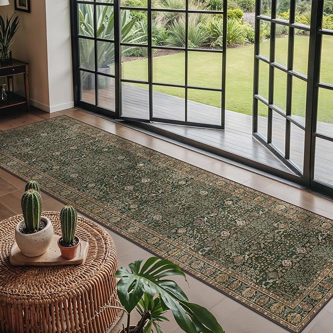 Bavni Washable Rug Runners for Hallways-Vintage Runner Rug 2'6''x8 Low Pile Floral Rugs, Non-Slip Indoor Throw Carpet for Living Room Bedroom Kitchen, Dark Green/Multi