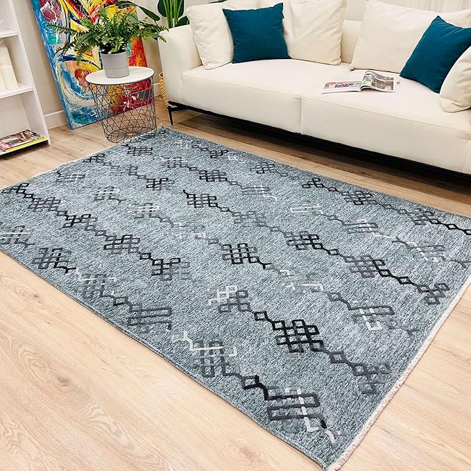 Alfa Rich 5x8 Bluish Gray Washable Area Rugs for Living Room Bedroom Kitchen Decor Cotton Rug