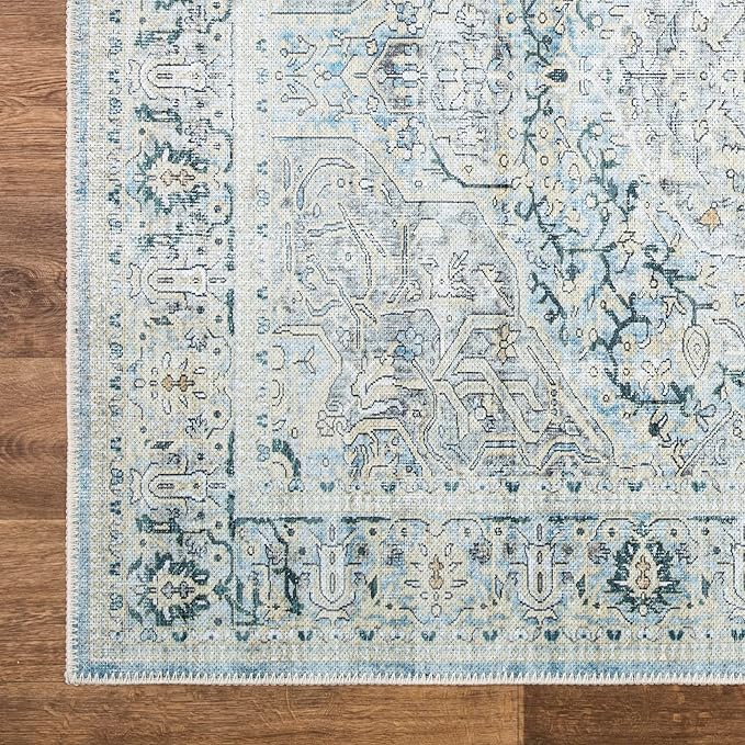 Bloom Rugs Washable Non-Slip 9' x 12' Rug - Cream/Light Blue/Teal Traditional Medallion Area Rug for Living Room, Bedroom, Dining Room, and Kitchen - Exact Size: 9' x 12'