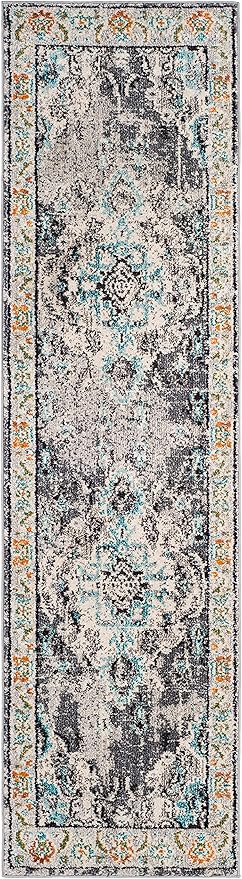 SAFAVIEH Monaco Collection Runner Rug - 2'2" x 8', Grey & Light Blue, Boho Chic Medallion Distressed Design, Non-Shedding & Easy Care, Ideal for High Traffic Areas in Living Room, Bedroom (MNC243G)