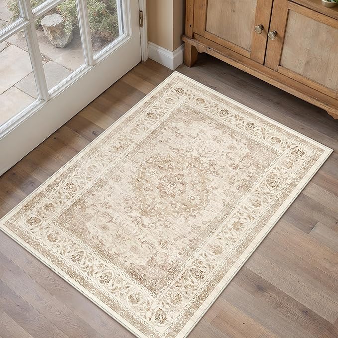 2x3 Beige Washable Vintage Runner Rug for Living Room Bedroom Soft Tranditional Non Slip Thin Throw Rug Lightweight Floral Low Pile Distressed Carpet Doormat Kitchen Entrance Hallway Laundry