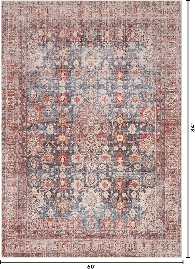 Kuden 5x7 Area Rug, Machine Washable Area Rug with Non-Slip Backing, Vintage Style, Soft, Easy Clean, Low Pile Rug for Living Room, Bedroom, Dining Room