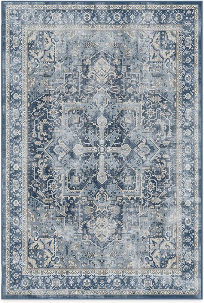 RUGGABLE Washable Area Rug – Kamran Admiral Blue 6x9, Stain-Resistant, Non-Slip – Medium Machine Washable Rugs for Living Room, Bedroom, Hallway, Entryway & Office–with Cushioned Pad