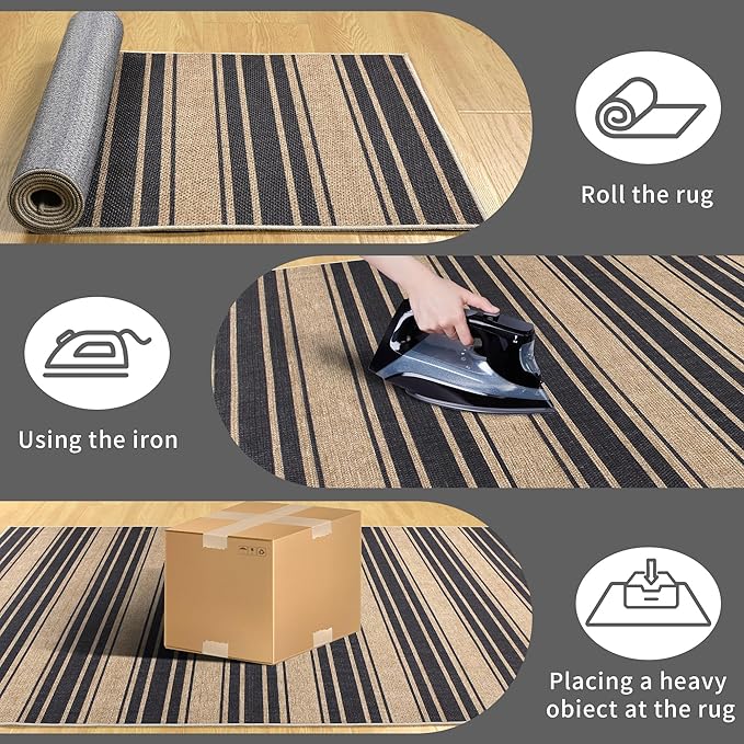 Striped Easy Jute Rug 5x7 Outdoor Patio Rug Washable Area Rugs for Living Room Bedroom Non Slip Neutral Farmhouse Indoor Outdoor Carpet for Backyard Patio Office