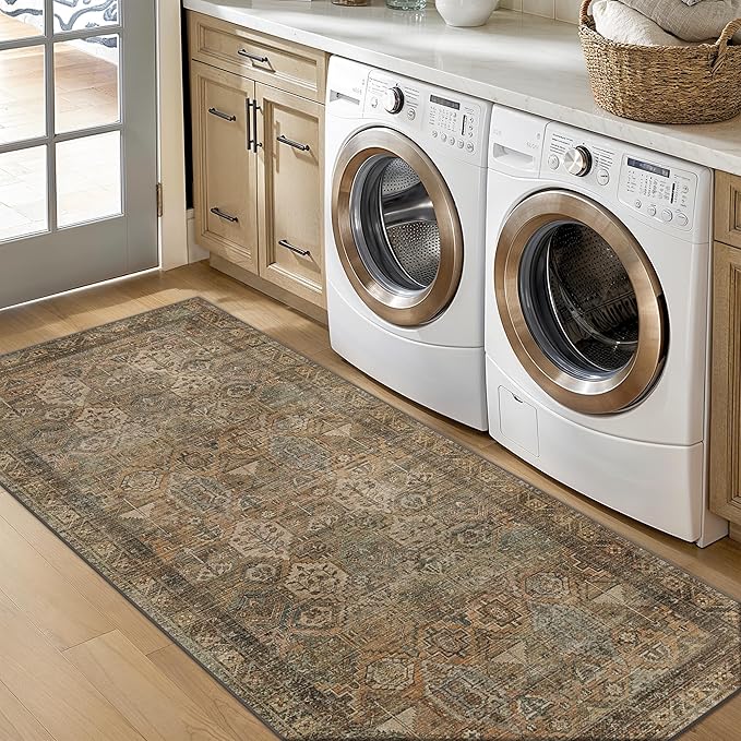 Bavni Kitchen Rug 2x5 Runner Rugs for Hallways Entryway, Washable Vintage Print Carpet, Ultra-Thin Chenille Low Pile Lightweight Rug with Non Slip Backing, Warm Taupe