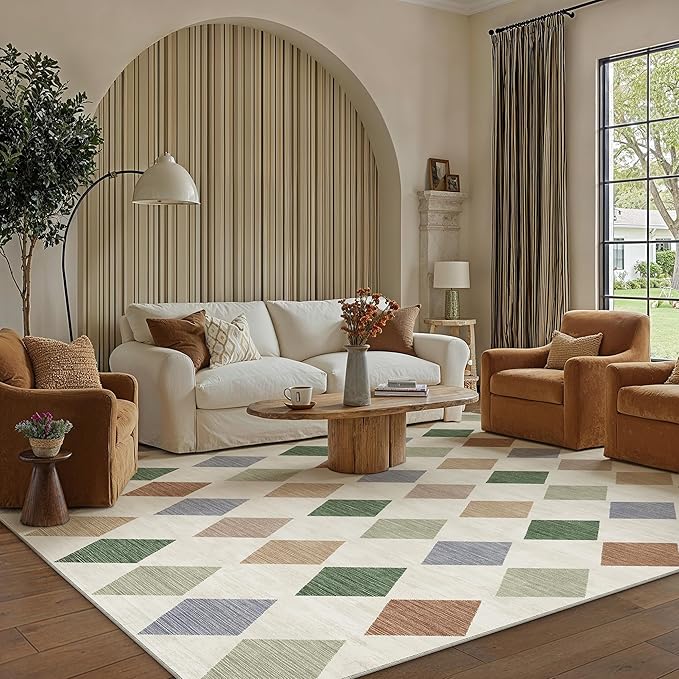 8x10 Checkered Area Rugs for Living Room Colorful Machine Washable Large Rug Non-Slip Stain Resistant Low Pile Boho Accent Indoor Throw Carpet for Bedroom Dining Room Home Aesthetic Decor