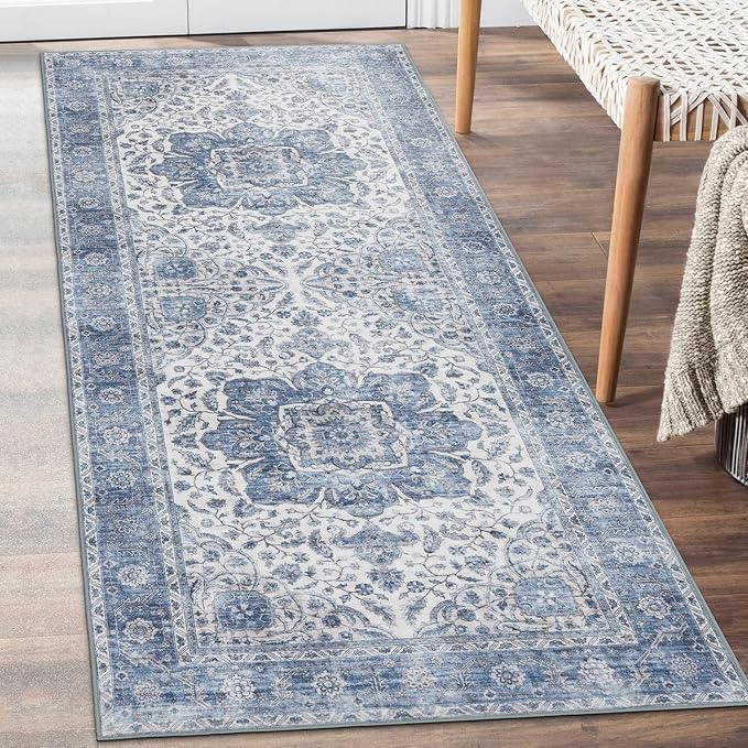 ReaLife Rugs Machine Washable Area Rug Runner - Living Room Bedroom Bathroom Kitchen Entryway Office - Padded Low Pile Stain Resistant Premium - Boho Farmhouse Vintage - Joy - Blue Ivory 2'6" x 8'