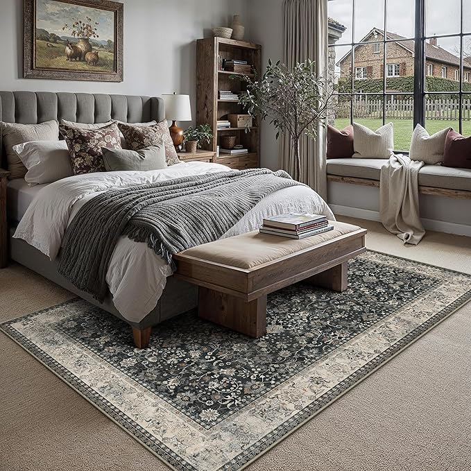HUGEAR 6x9 Machine Washable Rugs Black Beige Hallway Large Area Rug Indoor Accent Rug Floral Low Pile Carpet Soft Throw Aesthetic Rug Bedroom Living Room Office Dining Room Laundry Room