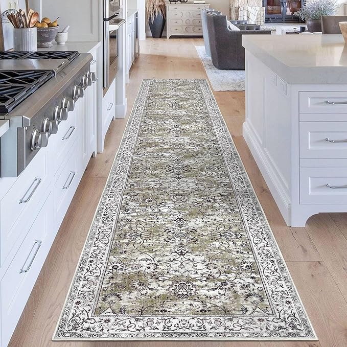 KILOCOCO Hallway Runner 2.6x14 Runner Rug Printed Vintage Floral Washable Rugs Kitchen Runners Soft Non-Slip Low Pile Rubber Backed Runners for Laundry Room Distressed Boho Rugs, Mossy Taupe