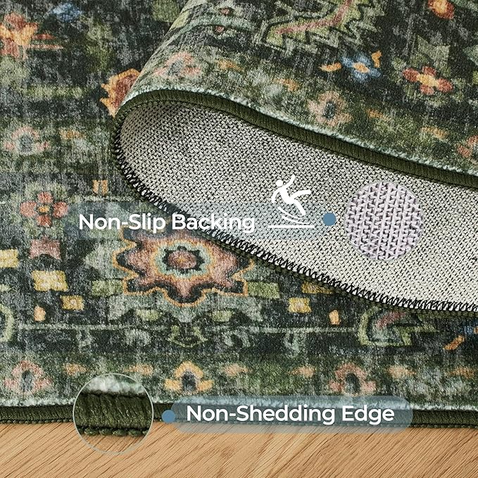 Kokia 8x10 Washable Area Rugs Dark Green with Vintage Orient Design Soft Rug for Living Room or Bedroom Non-Slip Low Pile Stain Resistance Features Distressed Medallion Pattern
