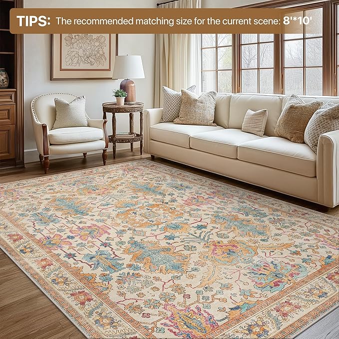Bavni Area Rug 3x5, Non-Slip Washable Rugs for Living Room Office, Boho Distressed Printed Rug, Low Pile Foldable Decorative Carpet for Bedroom Kitchen Office, Turmeric