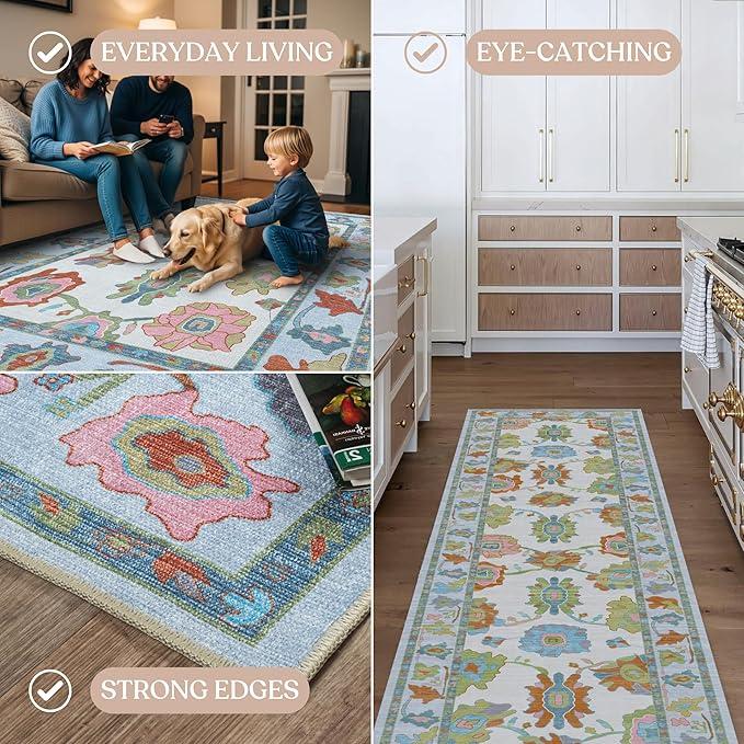 Fame Living Colorful Oushak Runner Rug, Modern Runners, Turkish, Eclectic, Floral, Pastel, Washable, Small Throw Rugs, Short Runner for Hallway, Entryway, Laundry, Foyer, Kitchen, Bathroom, 2'5"x6'5"