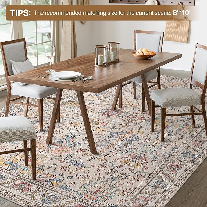 Bavni Area Rug 3x5, Non-Slip Washable Rugs for Living Room Office, Boho Distressed Printed Rug, Low Pile Foldable Decorative Carpet for Bedroom Kitchen Office, Retro Multi