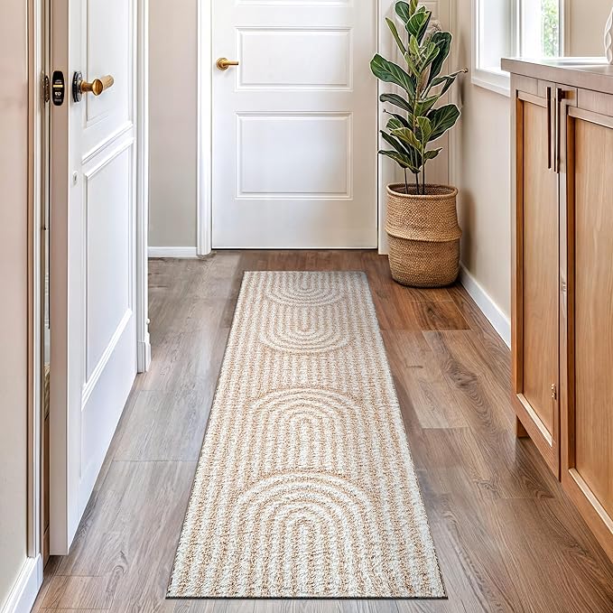 Rugshop Abstract Arch Shag Runner Rug Beige 2' 3" x 12' Great for Long Hallways, Open Entryways, or Galley Kitchens
