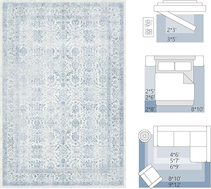 FMFUNCTEX 6x9 Washable Area Rug Blue Vintage Neutral Distressed Large Non Slip Carpet for Living Room Bedroom Soft Low Pile Indoor Mat Retro Floral Throw Rug for Dining Room Kitchen Office Nursery