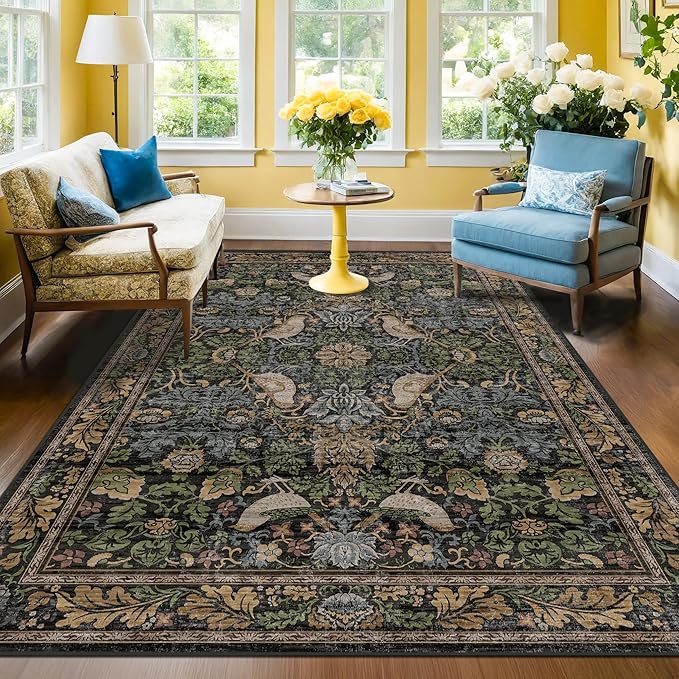 Washable 4x6 Area Rug for Living Room - Moody Accent Rug for Kitchen, Office, Large Entryway, Rustic Botanical Decor, Non-Slip Low Pile Ultra Soft Carpet