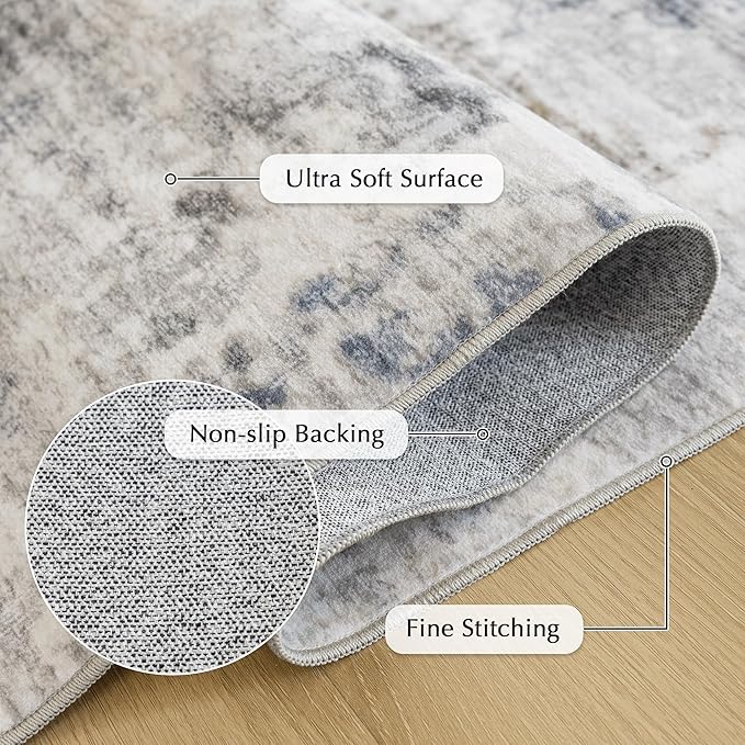 FMFUNCTEX 6x9 Washable Area Rug Brown Blue Neutral Abstract Modern Large Non Slip Carpet for Living Room Bedroom Soft Low Pile Indoor Mat Thin Accent Throw Rug for Dining Room Kitchen Office Nursery