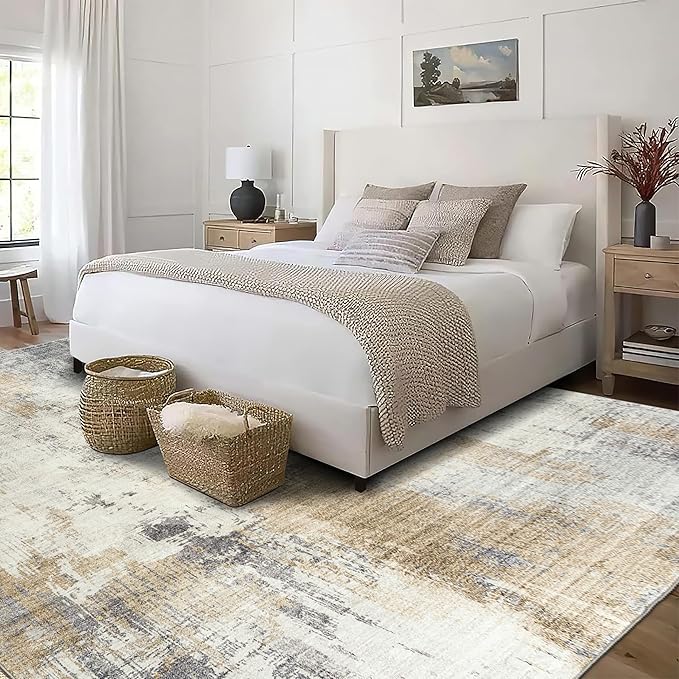 ReaLife Rugs Machine Washable Area Rug - Living Room Bedroom Bathroom Kitchen Entryway Office - Padded Low Pile Stain Resistant Premium - Modern Abstract Contemporary - Quinn - Beige 6' x 8'