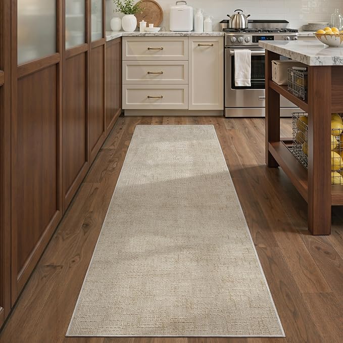 Art&Tuft 2x6 Runner Rug - Washable Runner Rugs, Non-Slip Runner Rug for Hallway, High Low Pile Textured Stripe 2x6 Rug Runner Throw Carpet for Entrance Entryway Bedroom Living Room Kitchen, Beige