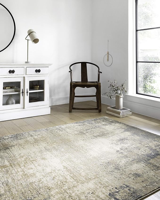 Loloi Teagan Collection TEA-08 Ivory/Mist 6'-7" x 9'-2" Area Rug, Large, Soft Neutral Rug, High-Traffic for Living Room, Bedroom, Home Office, Dining Area