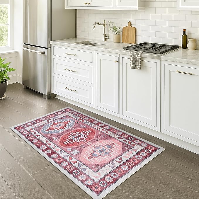 Fame Rugs Turkish Rug. Washable Vintage Oriental Antique Inspired Traditional Doormat Small Modern Area Rugs Luxury Entryway Entry Bedroom Bathroom Kitchen (378RR, 2'5 x 9'8)