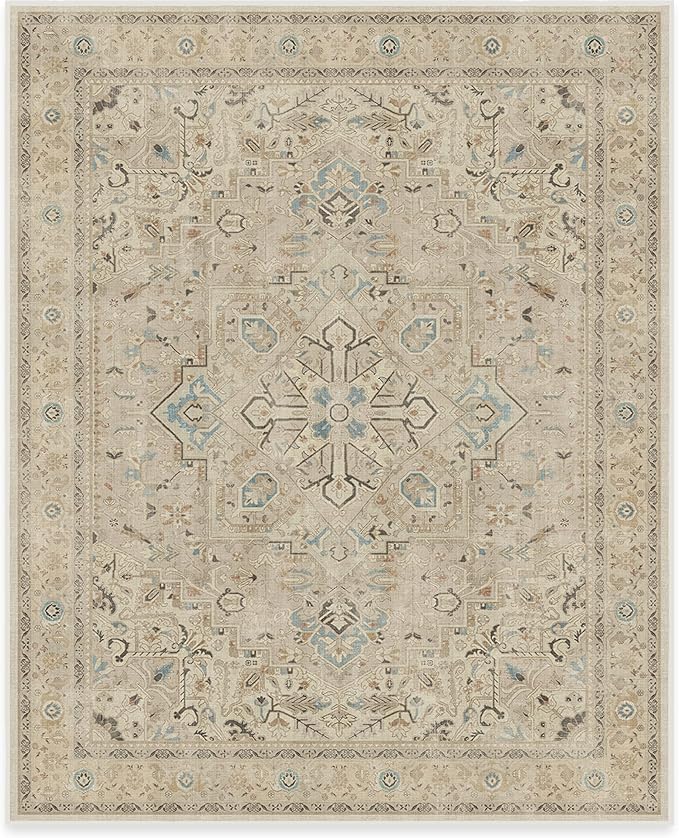 RUGGABLE Washable Vintage Area Rug – Kamran Ivory Opal 8x10, Stain-Resistant, Non-Slip – Large Machine Washable Rugs for Living Room, Bedroom, Hallway, Entryway & Office–with Standard Pad