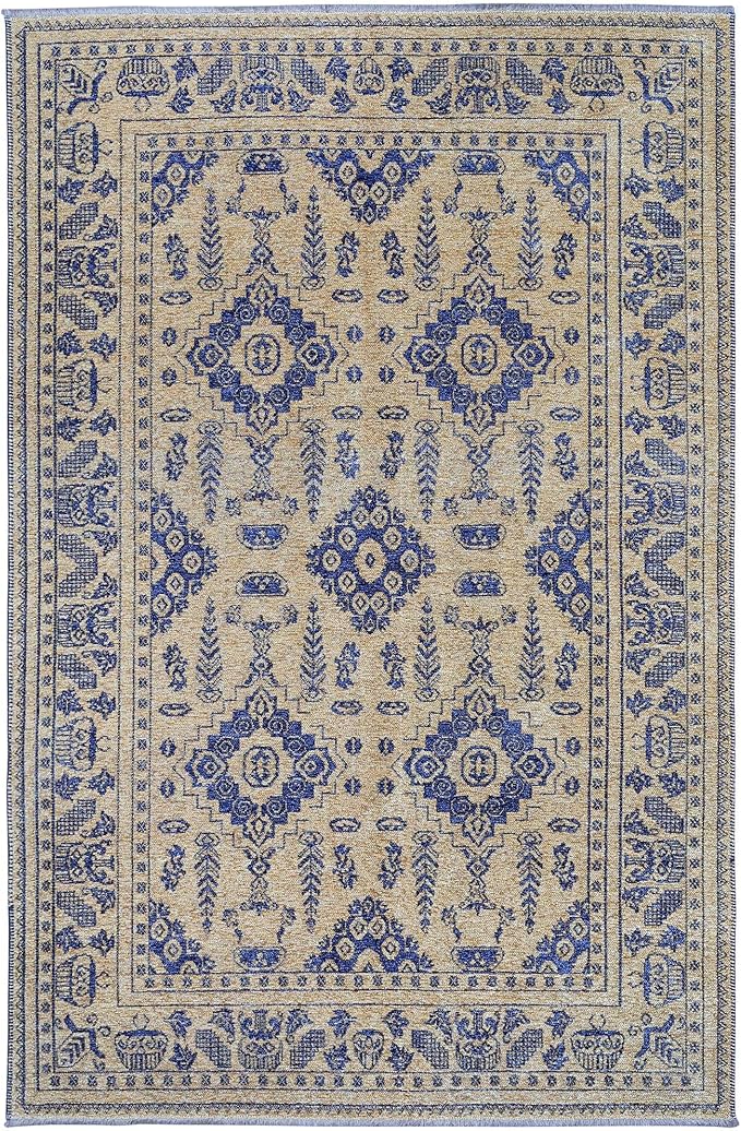 Alfa Rich 3x5 Gold Navy Blue Washable Area Rugs for Living Room Bedroom Kitchen Dining Cotton Runner