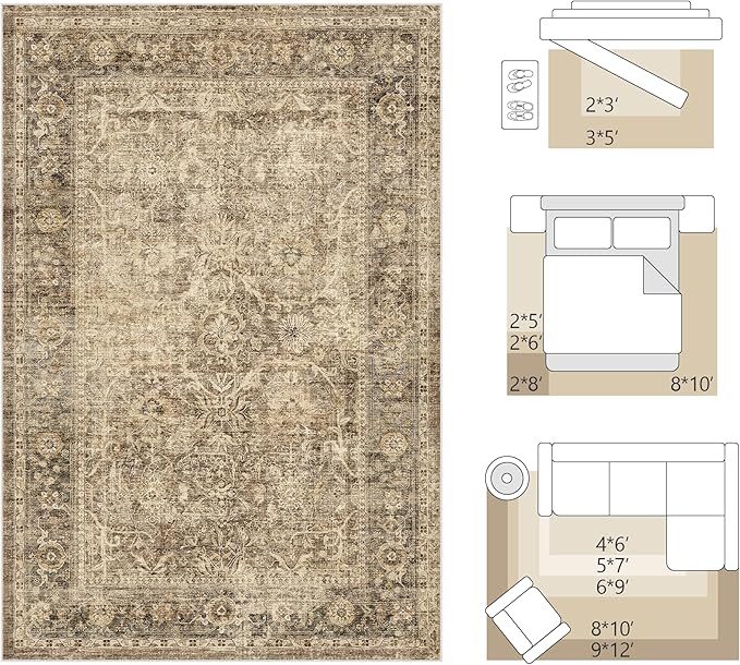 FMFUNCTEX 10x14 Washable Area Rug Brown Vintage Neutral Distressed Large Non Slip Carpet for Living Room Bedroom Soft Low Pile Indoor Mat Retro Floral Throw Rug for Dining Room Kitchen Office Nursery