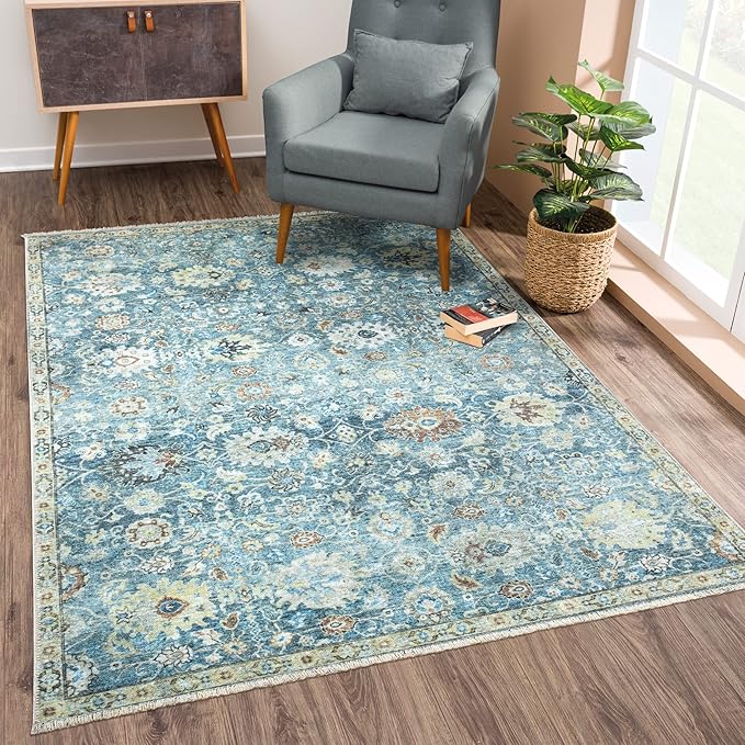 Bloom Rugs Caria Washable Non-Slip 9x12 Rug - Blue/Beige Traditional Area Rug for Living Room, Bedroom, Dining Room, and Kitchen - Exact Size: 9' x 12'