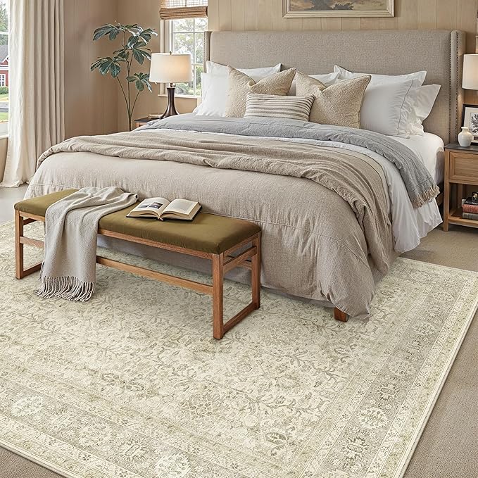 Vintage Area Rug 9x12 Beige Washable Living Room Large Carpet Non Slip Bedroom Indoor Office Low Pile Traditional Distressed Retro Accent Rug for Dining Room