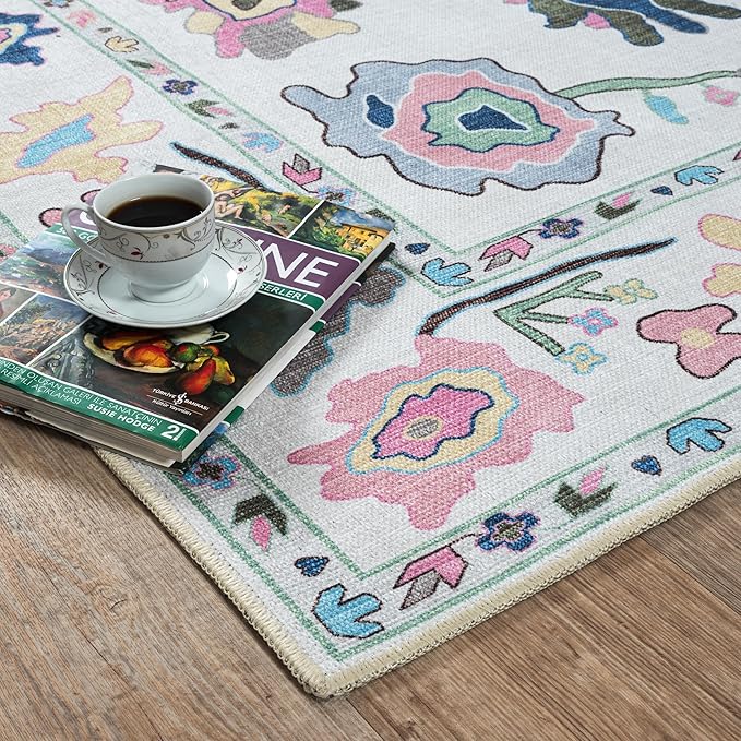 Fame Living Colorful Oushak Rug, Modern, Vintage, Turkish, Eclectic, Floral, Pastel, Washable, Area Rugs for Living Room, Dining, Bedroom, Office, Entryway, Foyer, Playroom, Nursery, 5'x6'9"