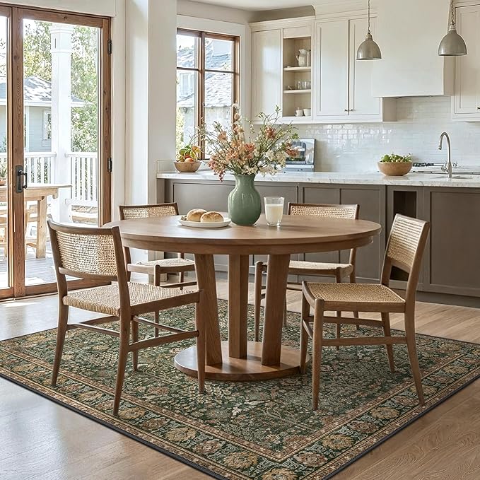 Bavni Area Rugs for Living Room, 5x7 Area Rugs Non-Slip Washable，Ultra-Thin Aesthetic Boho Rug for Bedroom Dinning Room Office, Dark Green/Multi