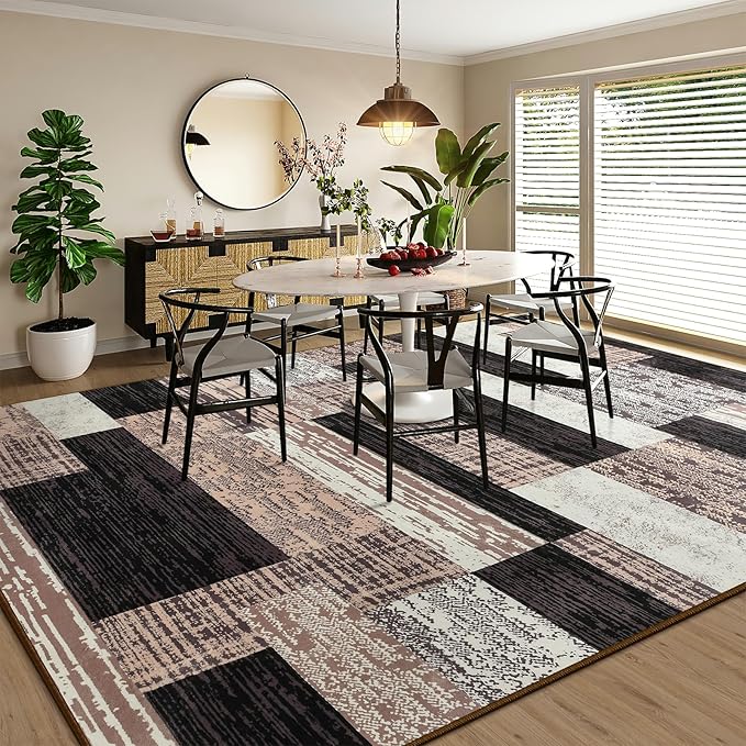 Large Area Rugs,Modern Geometric Patchwork Floor Decor for Bedroom Aesthetic Carpet, Rockwood Collection, Indoor Rugs for Living Room Dining Room Nursery Office Machine Washable Rug, 4x6 Ft Chocolate