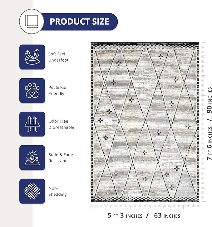 Abani Viva Cream & Grey Area Rug 5' x 8' for Living Room, Bedroom - Farmhouse Diamond Pattern - Durable & Easy to Clean