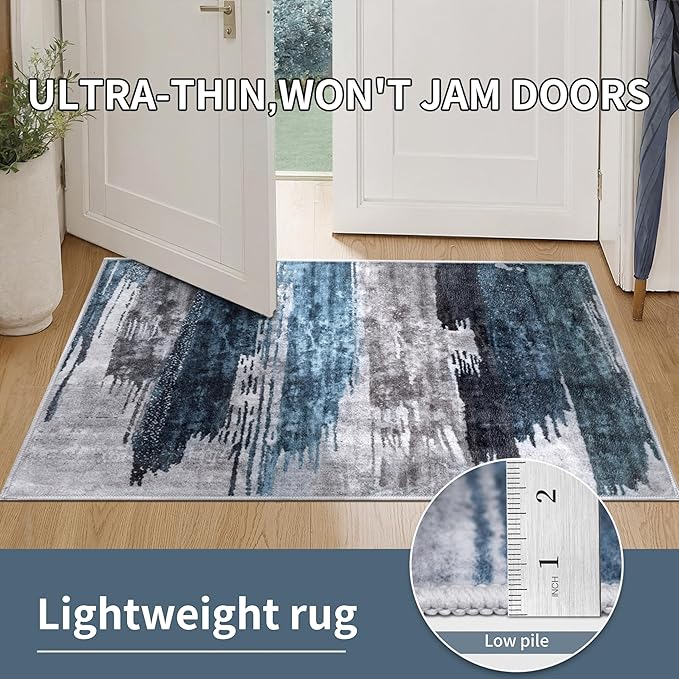 Ciicool Abstract Area Rug Indoor, 3x5 Washable Entryway Rug, Modern Soft Throw Rug with Non-Slip Backing Ideal for Bedroom Living Room Entrance Kitchen, Low-Pile Floor Carpet Doormat Blue Grey