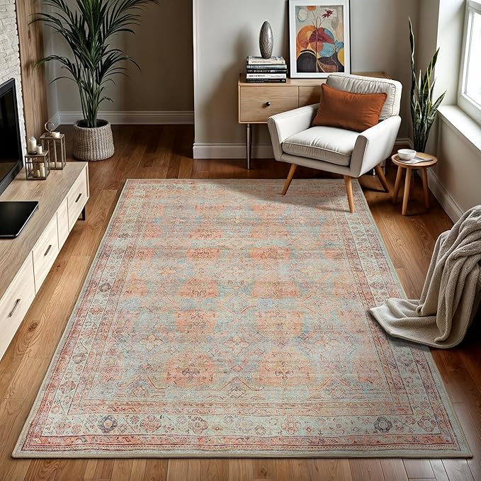 GLN Rugs Traditional Collection - Machine Washable Area Rug, Traditional Washable, Non Slip, Low Pile Chenille Rug, Living Room, Bedroom, Kitchen Rug (6' x 9' Terra/Multicolor 1153)