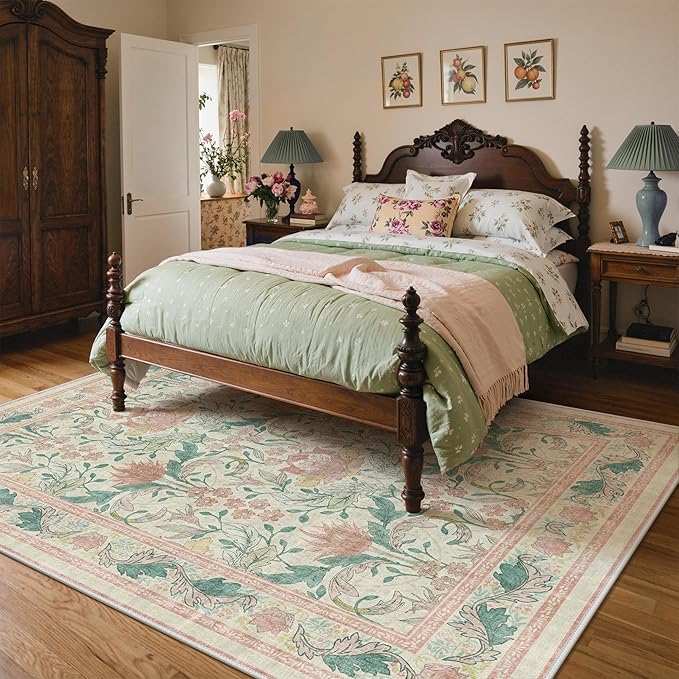 Bavni 8x10 Area Rugs for Living Room, Microfiber Machine Washable Non-Slip Vintage Floral Rug, Low Pile Lightweight Carpet for Bedroom, Dining Room, Home Office, Beige&Pink