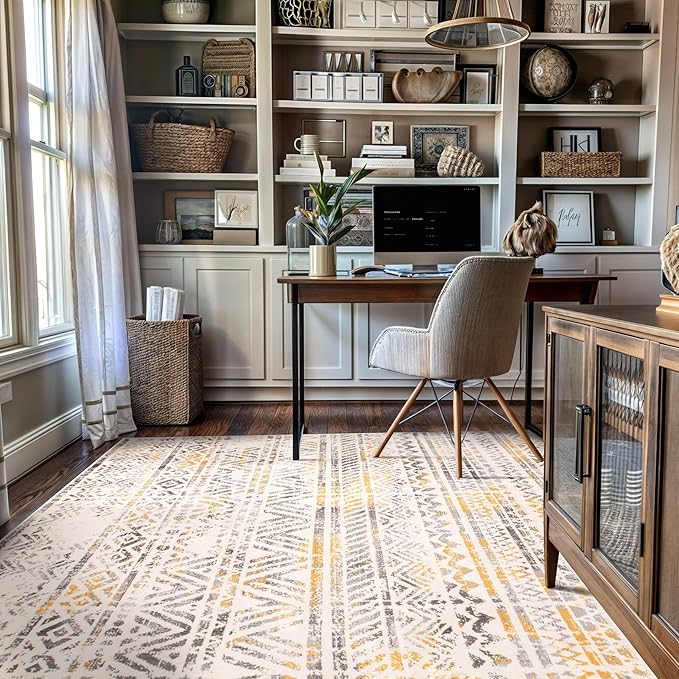 Rugshop Geometric Boho Area Rug – Warm Yellow Tribal Pattern, Perfect for Living Room, Bedroom, Dining Room, 5x7