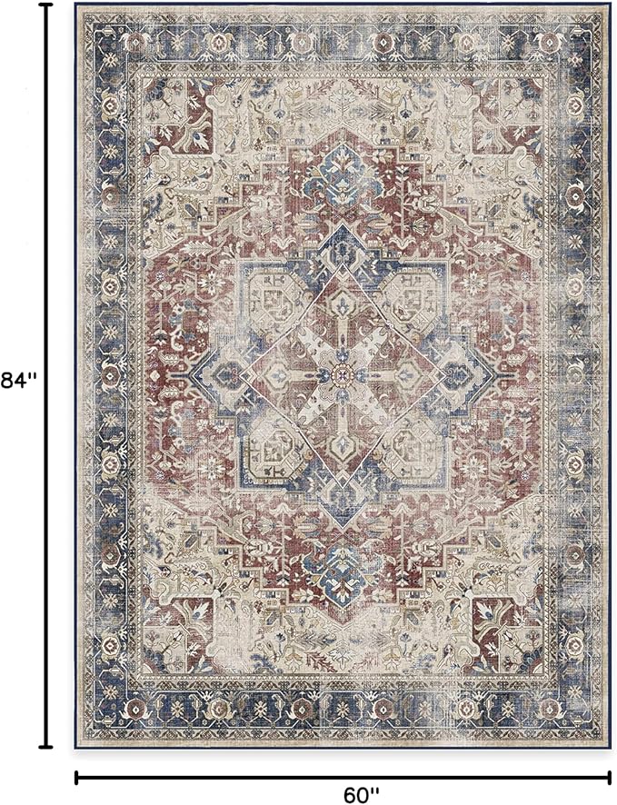 RUGGABLE Washable Vintage Area Rug – Kamran Royal Blue 5x7, Stain-Resistant, Non-Slip – Medium Machine Washable Rugs for Living Room, Bedroom, Hallway, Entryway & Office–with Standard Pad