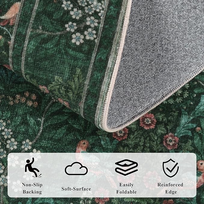 5x7 Floral Washable Area Rugs for Living Room, Vintage Boho Large Rug for Bedroom Dining Room， Distressed Botanical Birds Non Slip Low Pile Forest Throw Carpet for Farmhouse Office, Bright Green